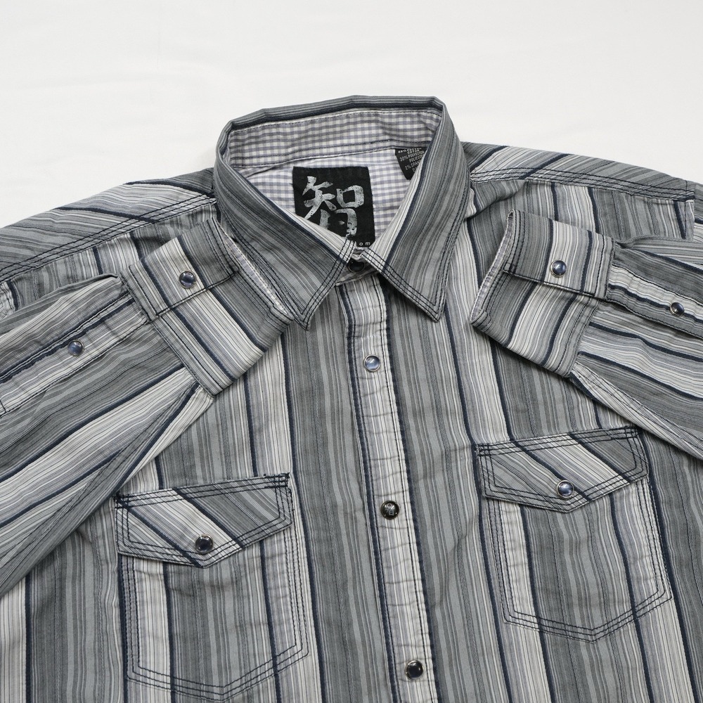 Age Of Wisdom Men Large Gray Stripe Western Shirt Pearl Snap Flip Cuff